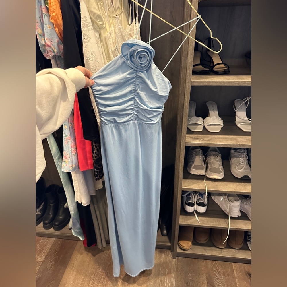 Hello Molly Light Blue One-Shoulder Maxi Dress with Rosette